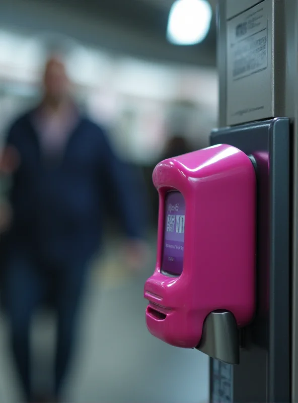 Close-up of a pink Oyster card reader at a London Underground station, with blurred commuters in the background.