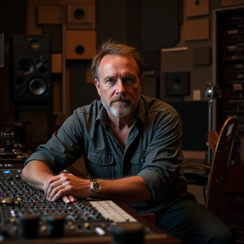 Richard Russell, head of XL Recordings, in a recording studio, surrounded by music equipment and looking thoughtfully at the camera.