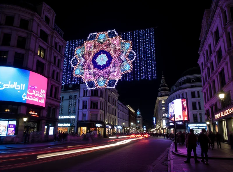 A nighttime view of Piccadilly Circus illuminated with a large, colorful Ramadan display featuring Islamic geometric patterns.