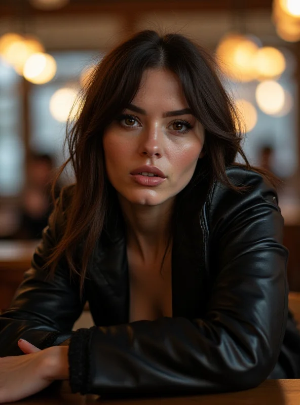 Aimee Lou Wood sitting in a cafe, wearing a leather blazer and miniskirt, with a tentative smile and wide eyes.