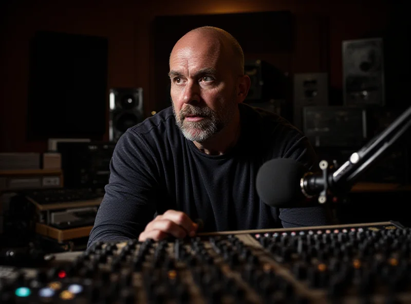 Richard Russell in a recording studio, surrounded by music equipment and looking focused.