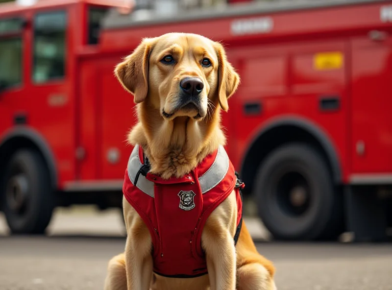 Sherlock, a golden Labrador, wearing a small LFB vest, sitting proudly in front of a fire engine.