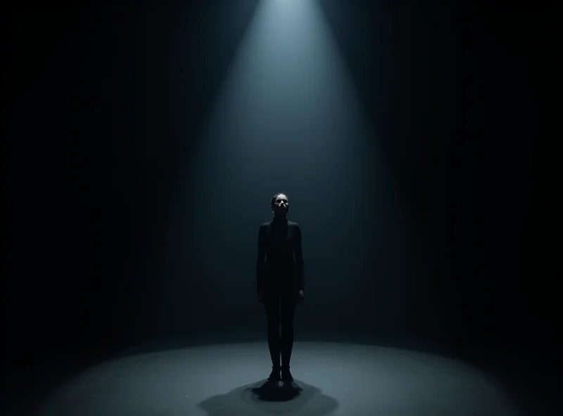 A lone actress on a dimly lit stage, conveying a sense of fear and desperation, with a single spotlight illuminating her face.