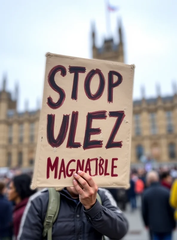 A protest sign reading 'Stop ULEZ' held up in front of the Houses of Parliament.