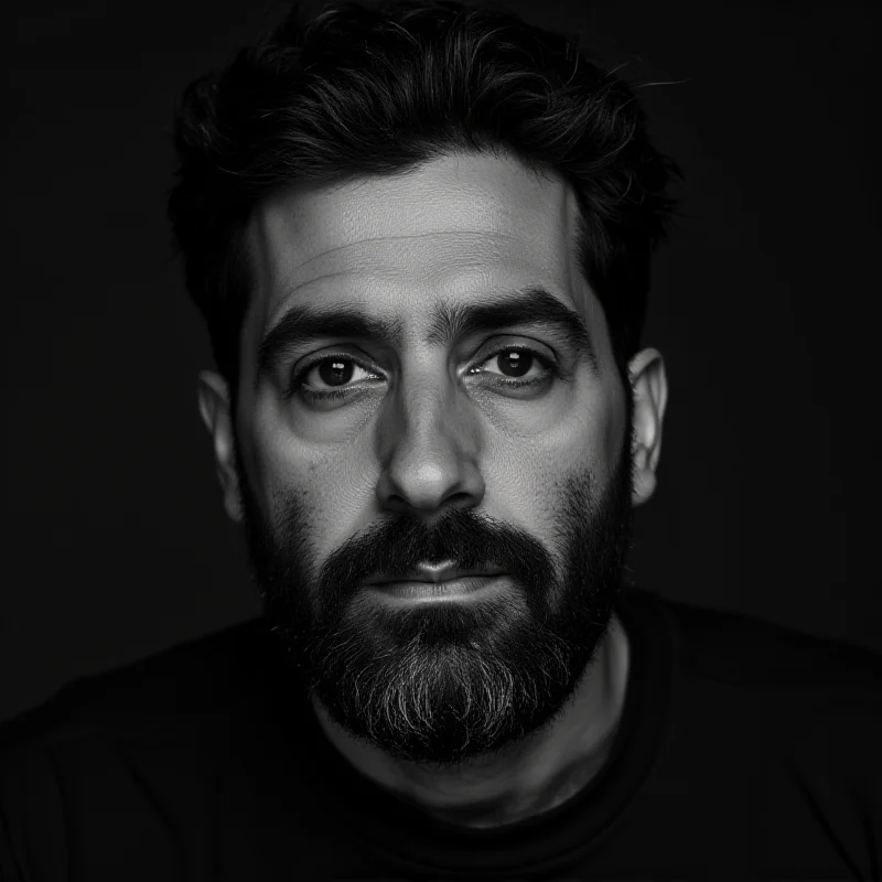 A black and white portrait of Alaa Abd El-Fattah, a human rights activist.