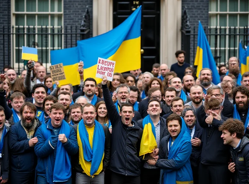 Crowd of protestors holding Ukrainian flags and signs in front of Downing Street in London.