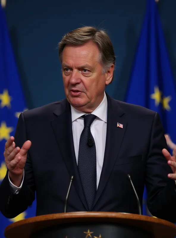 Viktor Orban speaking at a press conference with EU flags in the background.