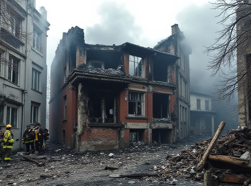 Exterior of a burnt-out building in a densely populated urban area. Firefighters are present, and smoke is still visible.