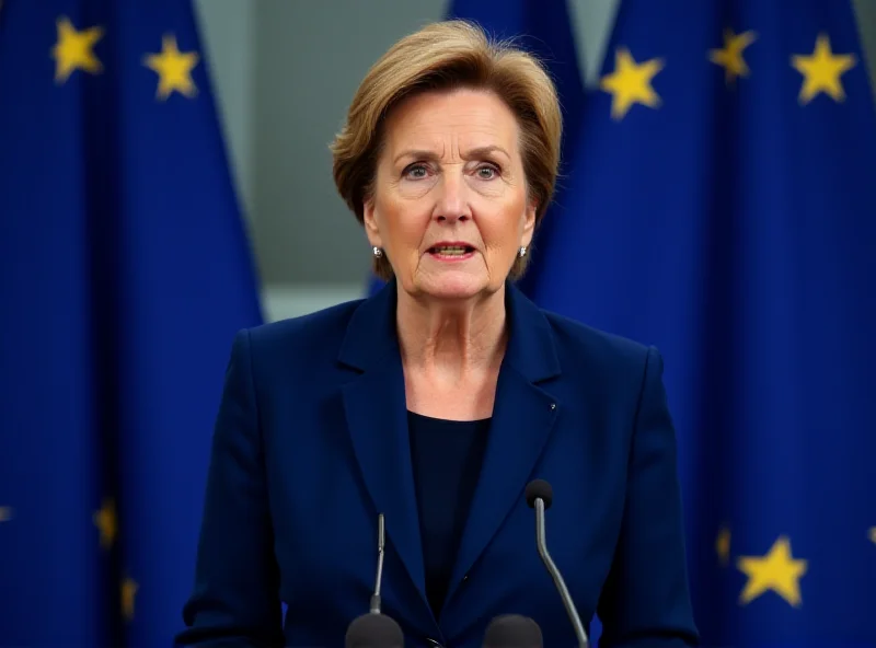 Ursula von der Leyen giving a speech with European flags in the background