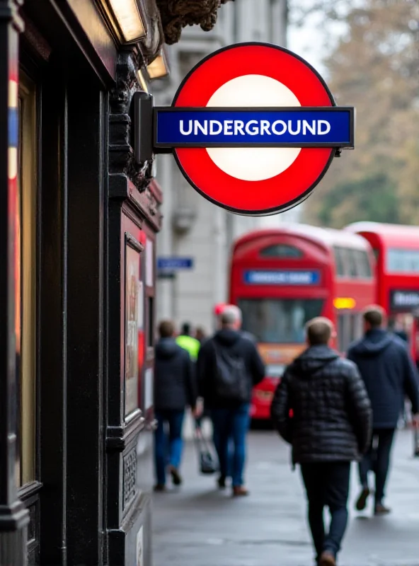 Exterior of a London Underground station with red and blue signage