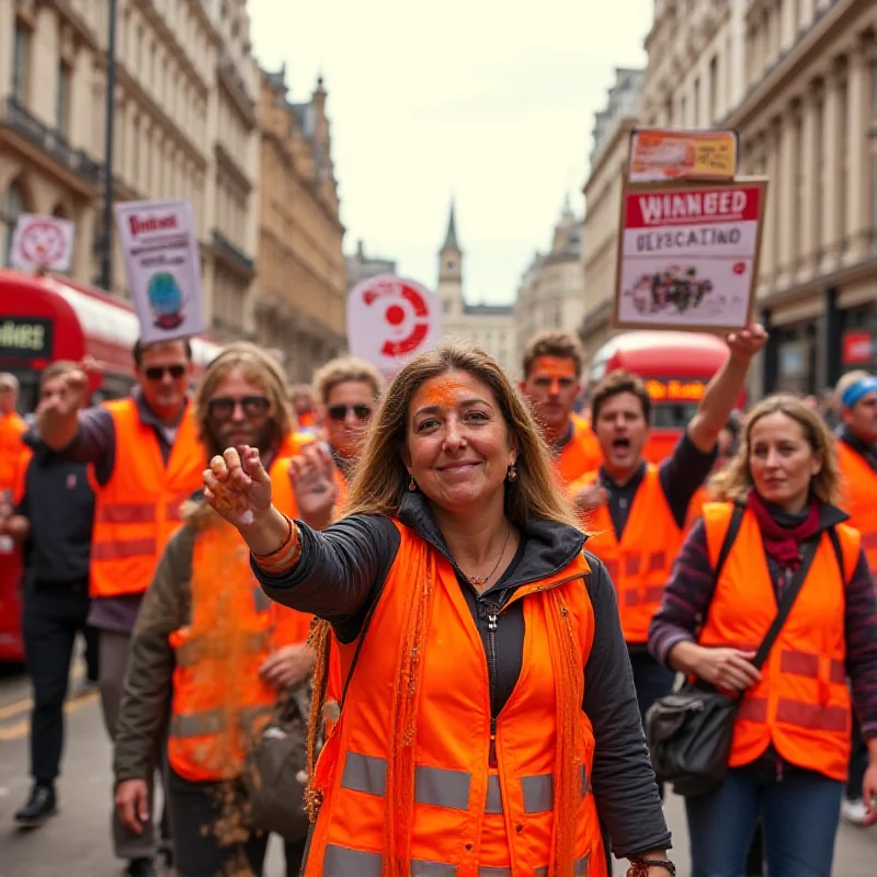 Climate activists protesting with banners and orange paint on a road in London