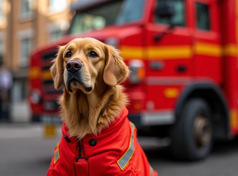 A golden retriever wearing a London Fire Brigade jacket, sitting proudly in front of a fire engine.