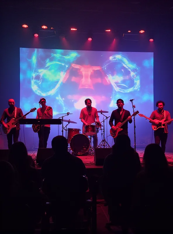 A band performing on stage with colorful lighting and experimental visuals projected behind them.