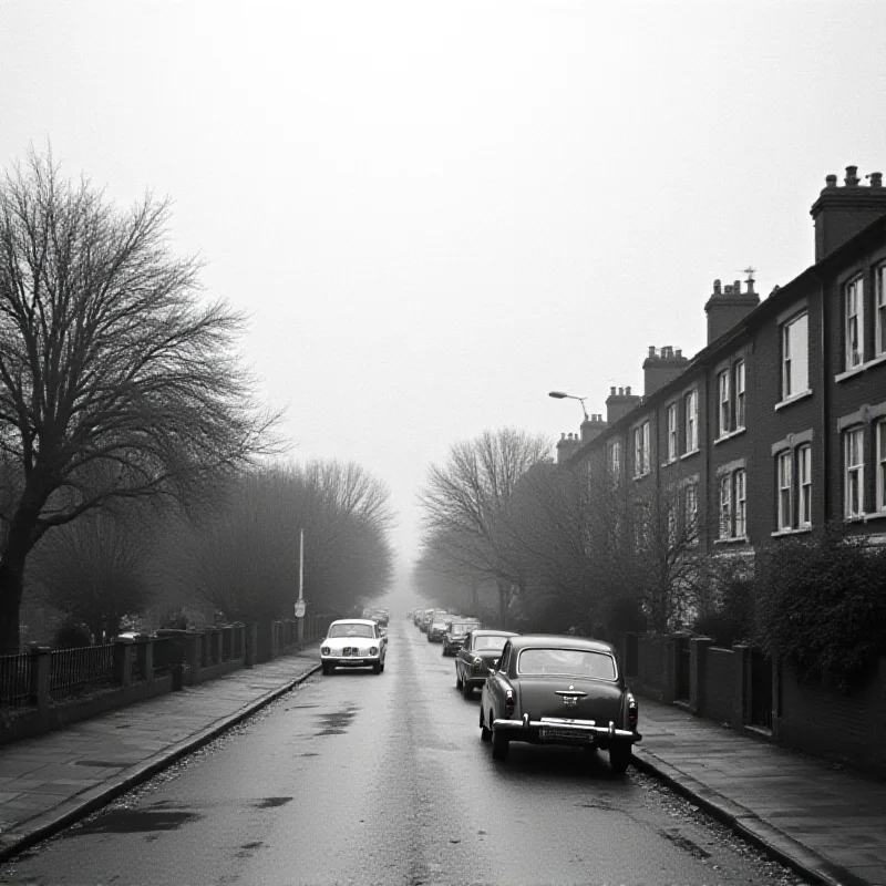 A black and white photo of a residential street in Notting Hill, London, in the 1950s.