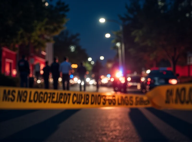 Police tape at a crime scene at night, with blurred figures of police officers in the background.