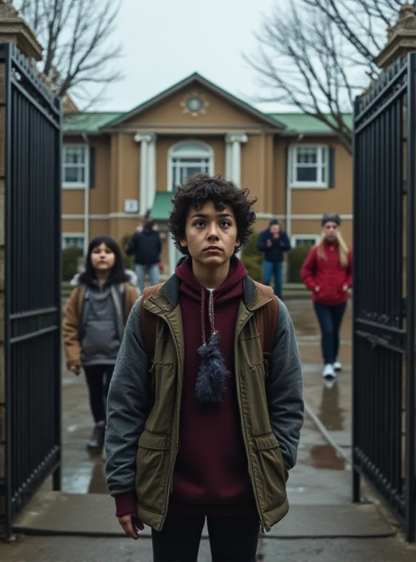 A concerned parent looking at a school building from outside the gates.