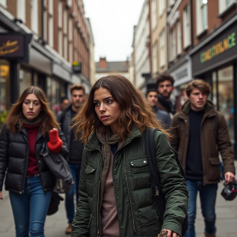 A group of teenagers walking down a street in London, some looking troubled.