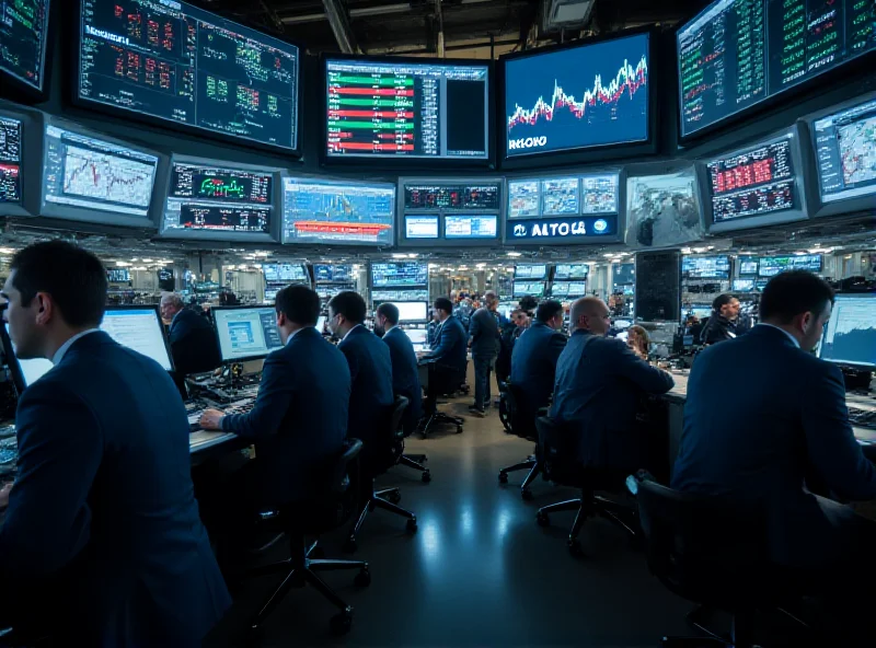 A busy trading floor with multiple screens showing stock data.