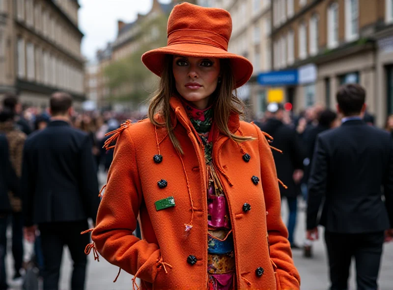 A person wearing a bold and unconventional outfit at London Fashion Week. The outfit incorporates elements of street style and high fashion, with bright colors and unique accessories. The background shows other attendees and the bustling city streets.