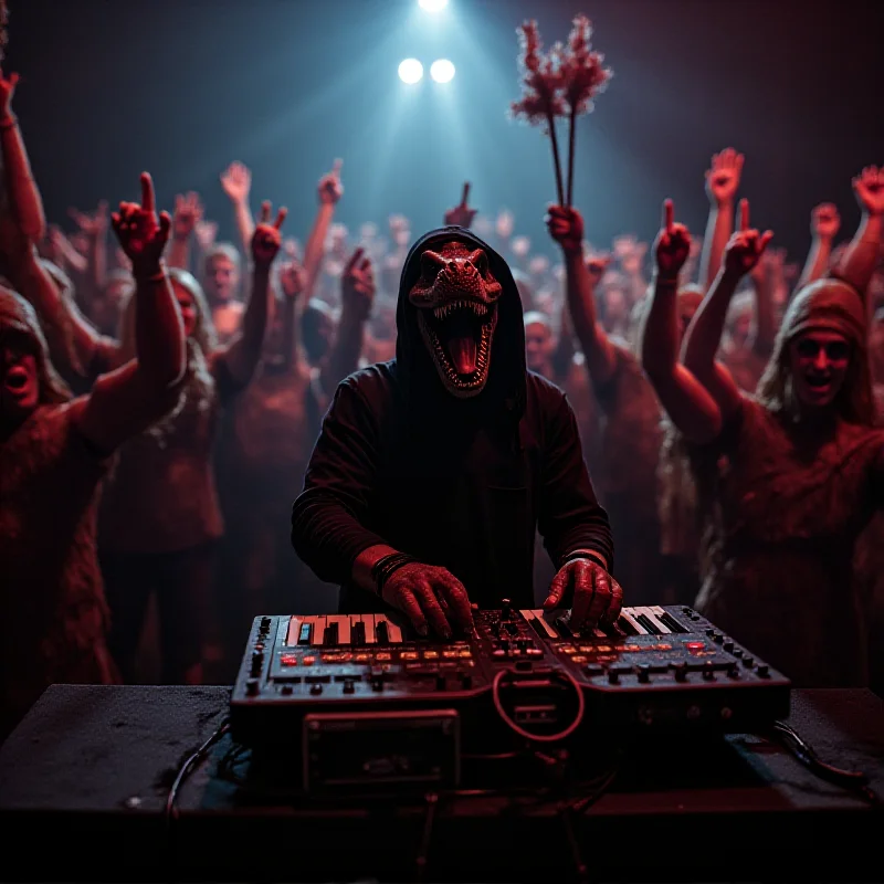 A hooded dinosaur DJ playing a synthesizer at Albion Dungeon Fest in London. The crowd is cheering and waving inflatable caveman clubs in the air. The atmosphere is energetic and fantastical, with medieval and fantasy-themed decorations.