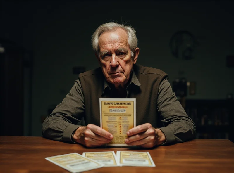 Image of a worried elderly man holding a lottery ticket in a dimly lit room.