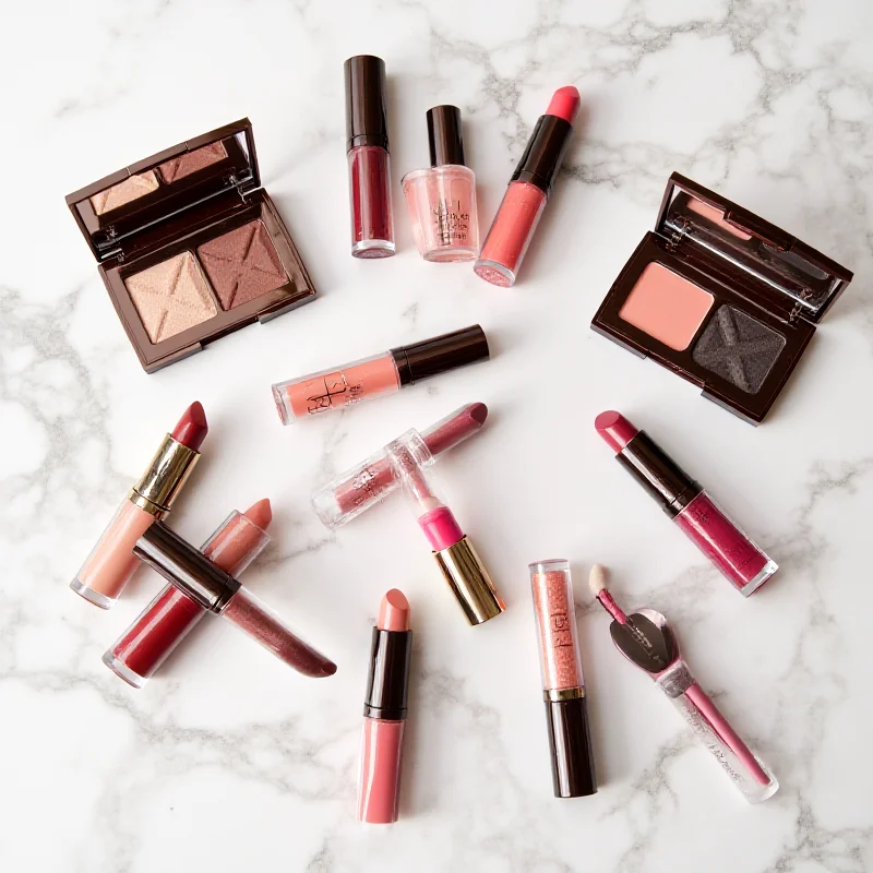 Overhead shot of the entire Louis Vuitton makeup collection, including lipsticks, balms, and eyeshadow palettes, neatly arranged on a luxurious surface.