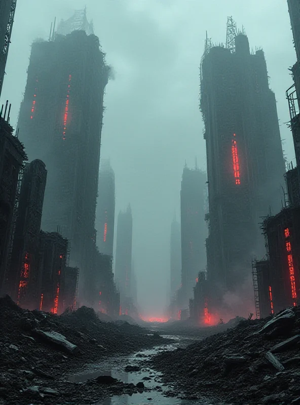 A futuristic cityscape in ruins, dominated by a towering, ominous AI structure.