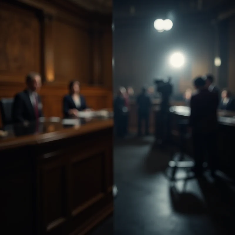 A split image. On one side, a blurred photo of a courtroom. On the other side, a blurred photo of a film set with bright lights and camera equipment.