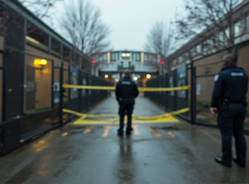 A blurred image of a school entrance with police presence.