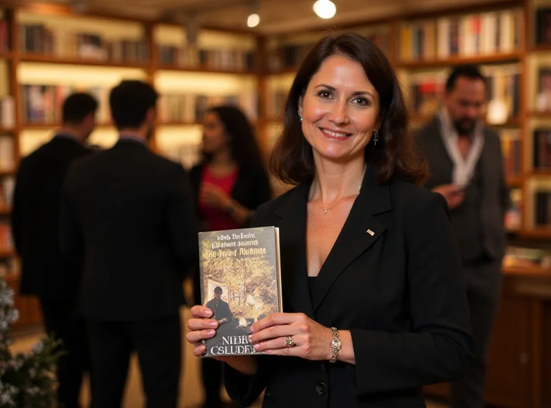 Olga Curado holding her book, 'The Winds of Kumano, on the tatami as in life', at a book launch event.