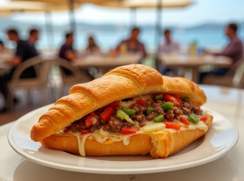 A close-up photo of a savory croissant filled with meat and vegetables, sitting on a plate in a cafe in Cannes.