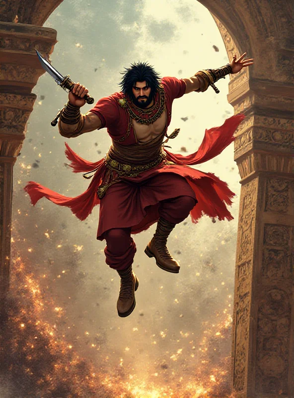 A dynamic scene from the video game Prince of Persia: The Lost Crown, showing the Prince in mid-air performing an acrobatic move against a colorful and stylized background.