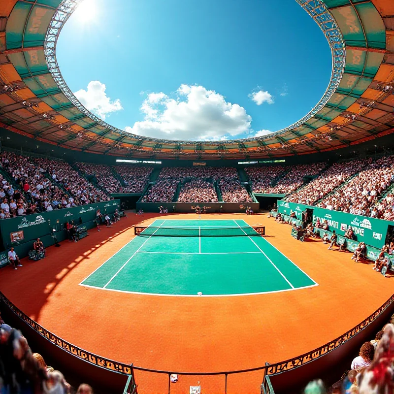 A wide shot of the tennis court during a match in Acapulco, showing the crowd and the players.