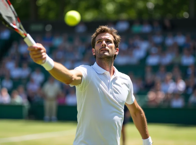 Tomáš Macháč serving during a tennis match.