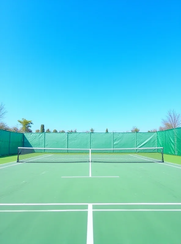 A tennis court with a net, under a bright blue sky.