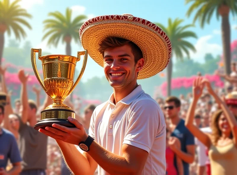 Tomáš Macháč holding the trophy and wearing a sombrero in Acapulco, celebrating his victory.