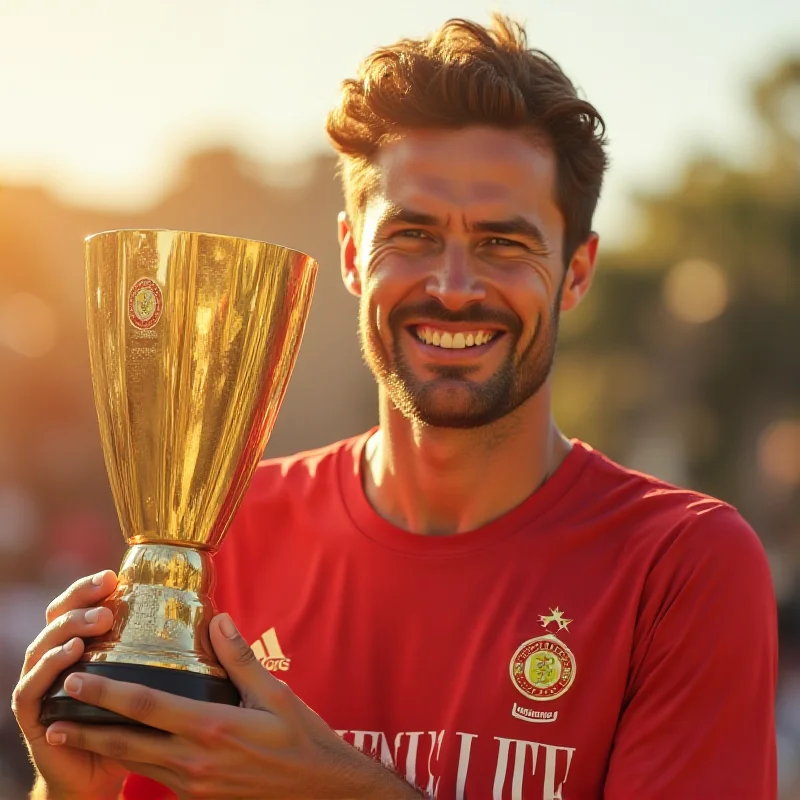 Close-up of Tomáš Macháč smiling and holding up the championship trophy after winning the Acapulco tournament.