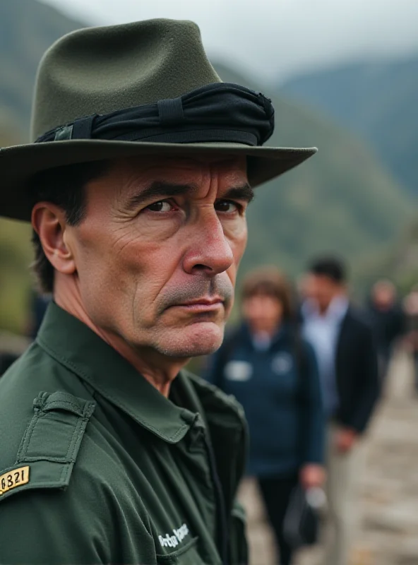 A close-up photo of a Peruvian security guard at Machu Picchu, focusing on their face and uniform, with tourists blurred in the background.