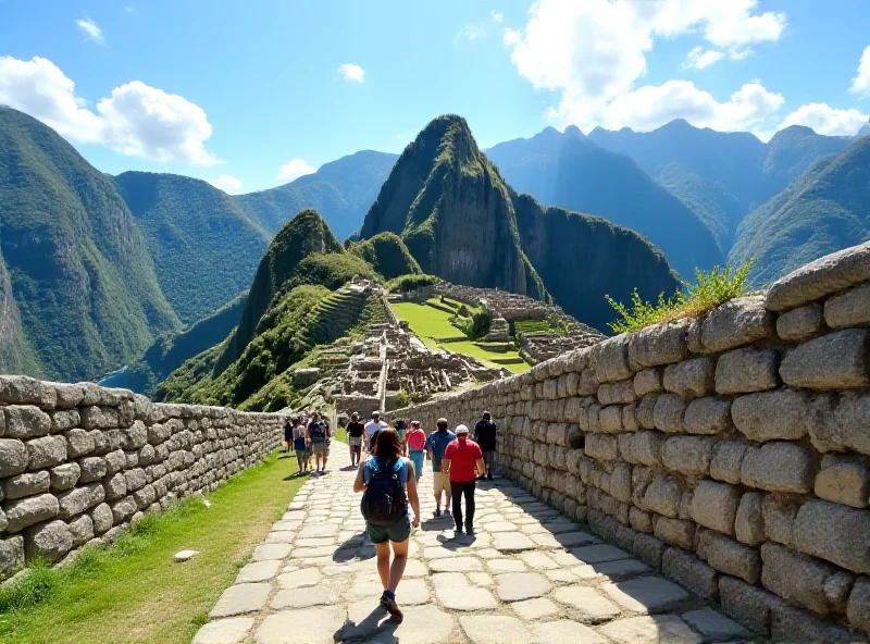 A group of diverse tourists walking along a stone path within Machu Picchu, surrounded by ancient Inca walls and buildings, with lush green mountains in the background.