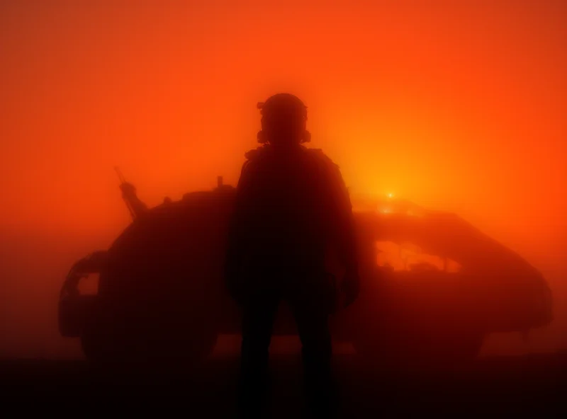 A silhouette of a soldier standing in front of a military vehicle at sunset