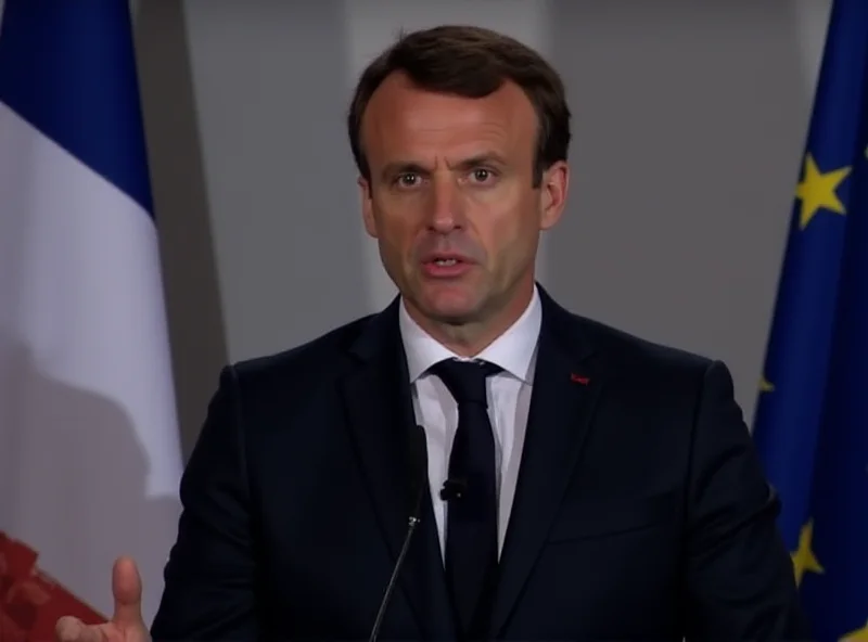 President Macron addressing a crowd with the French and European Union flags in the background, looking concerned.