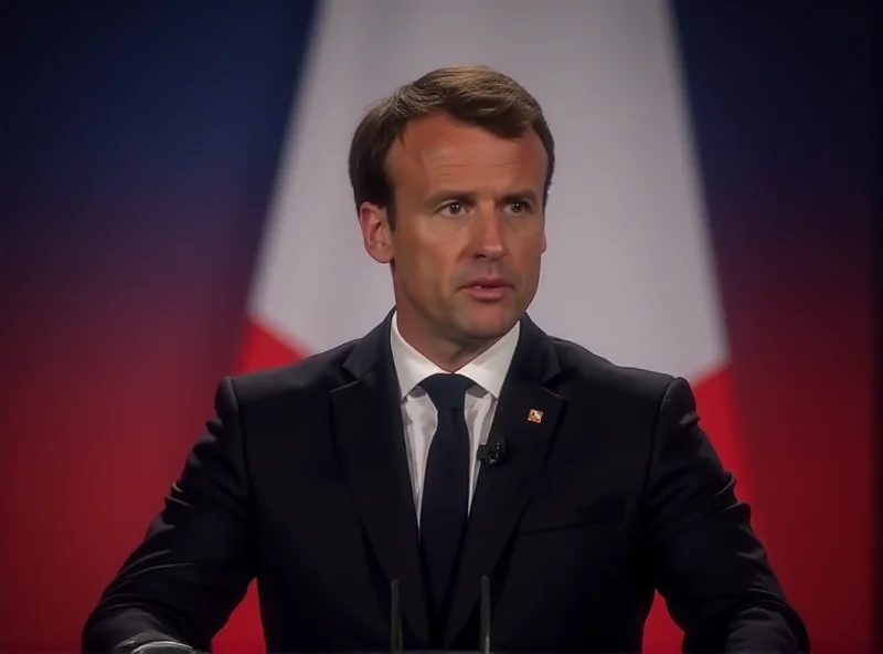 Emmanuel Macron giving a speech in front of a French flag.