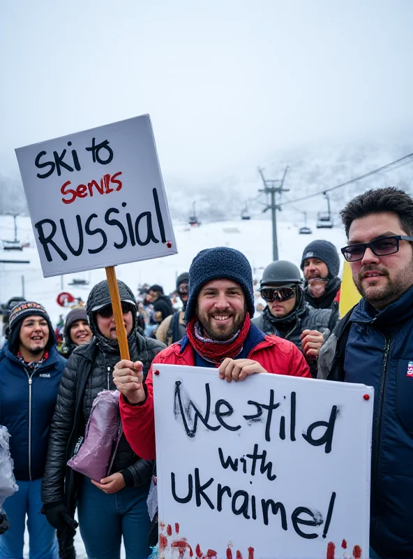 Protestors holding banners with anti-Trump and pro-Ukraine slogans at a ski resort.