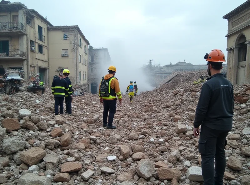 Rescue workers searching through rubble of a collapsed building in Bari, Italy