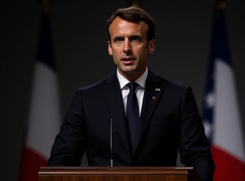 Emmanuel Macron addressing the nation from a podium with the French flag in the background.