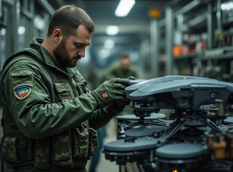 A Ukrainian soldier inspecting a newly manufactured drone in a factory setting, with other workers in the background.