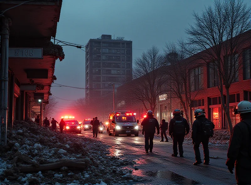 A damaged building after an accidental bombing, with emergency responders on the scene.