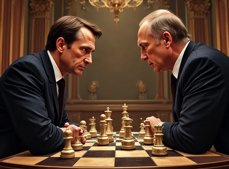 Illustration of Macron and Putin facing off across a chessboard with nuclear symbols as pieces.