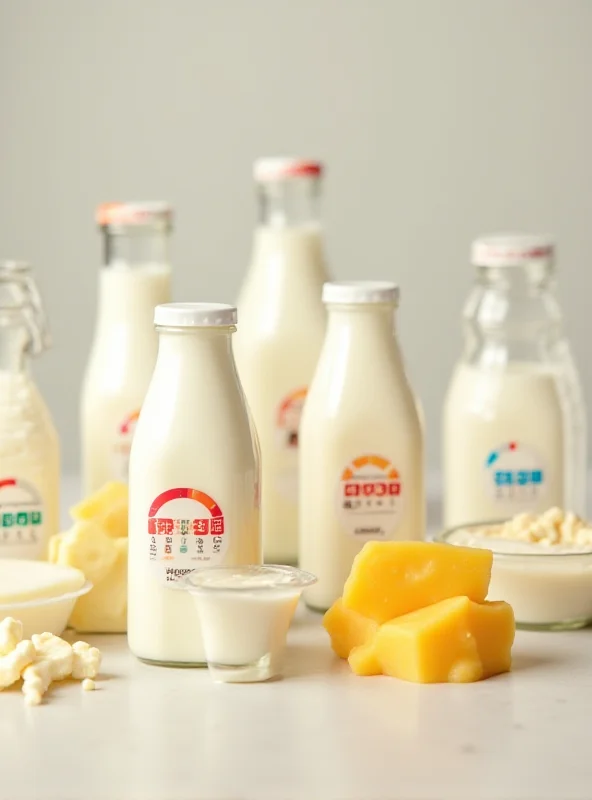 Close-up shot of various dairy products with Nutri-Score labels, some showing unfavorable ratings.