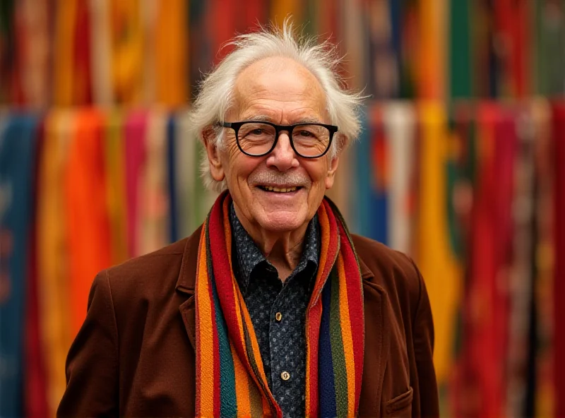 A stylish Sir Paul Smith standing in front of a colorful backdrop of his designs.